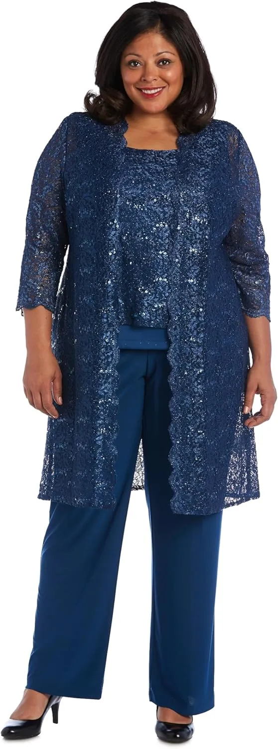 R&M Richards Womens Plus Sequined Lace Pant Suit