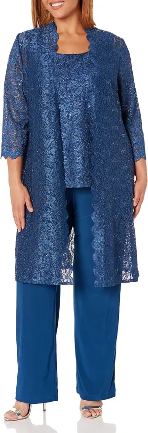 R&M Richards Womens Plus Sequined Lace Pant Suit