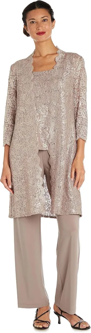 R&M Richards Womens Plus Sequined Lace Pant Suit