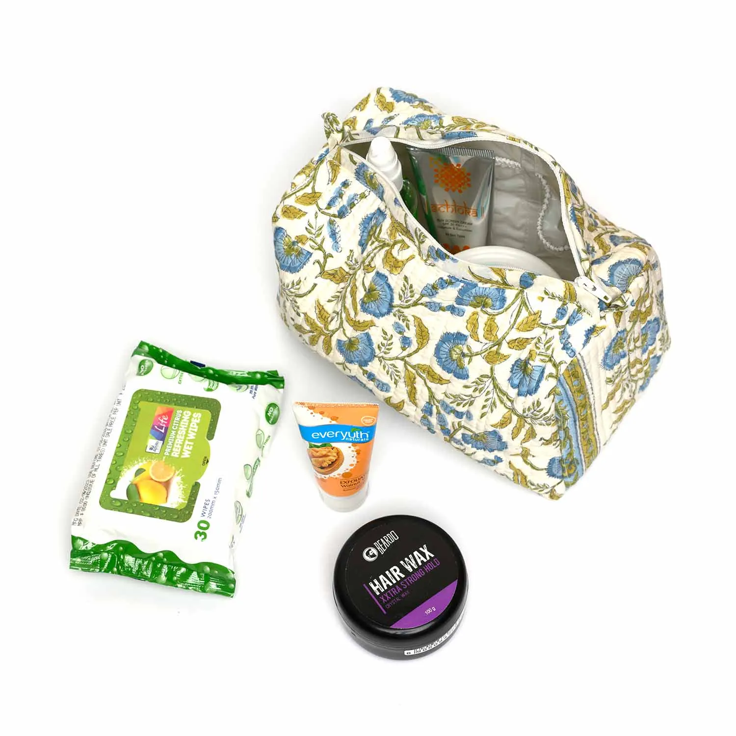 RANGOON CREEPER BLUE QUILTED TOILETRY POUCH