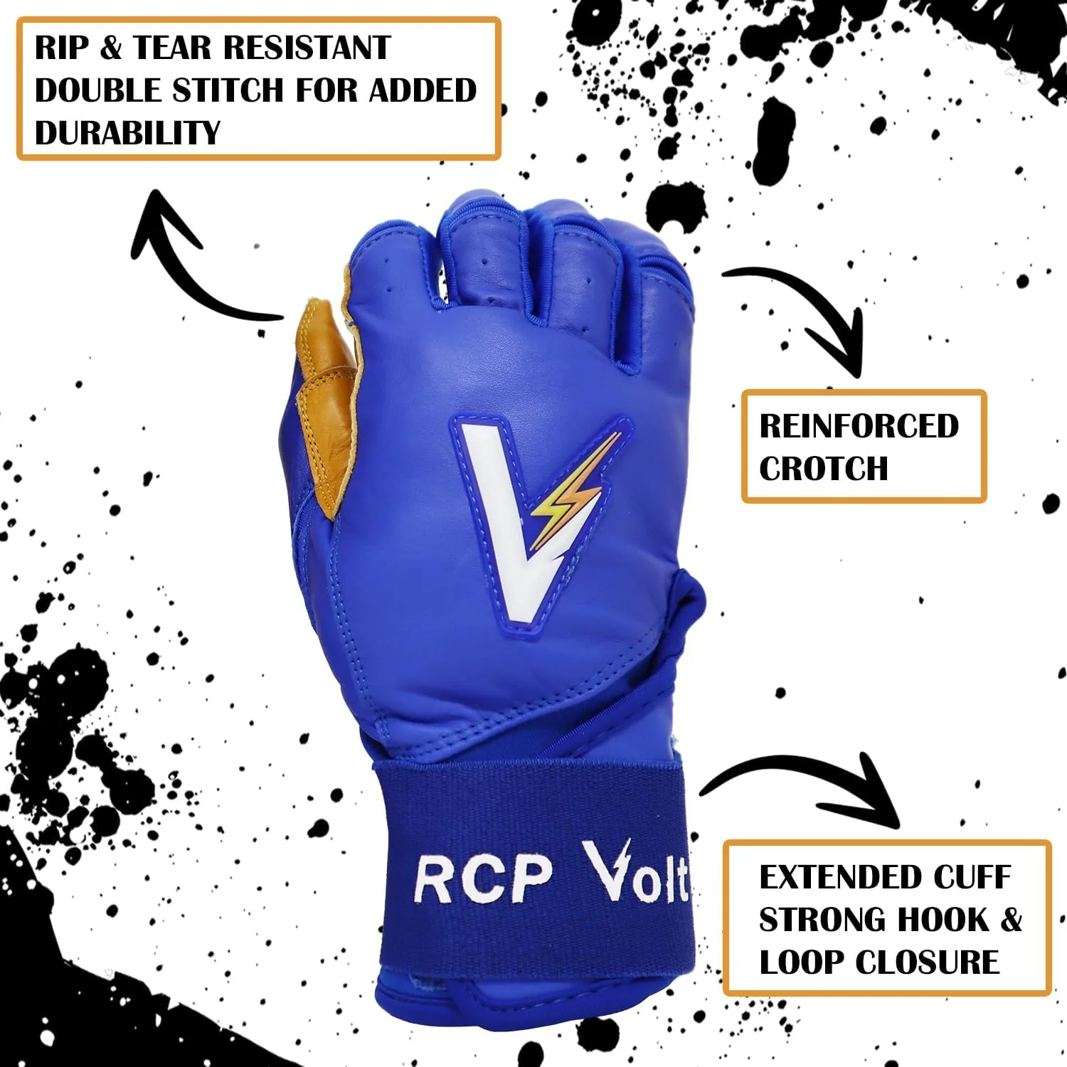 RCP Volt Baseball and Softball Batting Gloves – Rip and Tear Resistant – Reinforced Crotch, Super Grip Extended Cuff, Padded Protection, Adjustable Sizes, Guantes de bateo