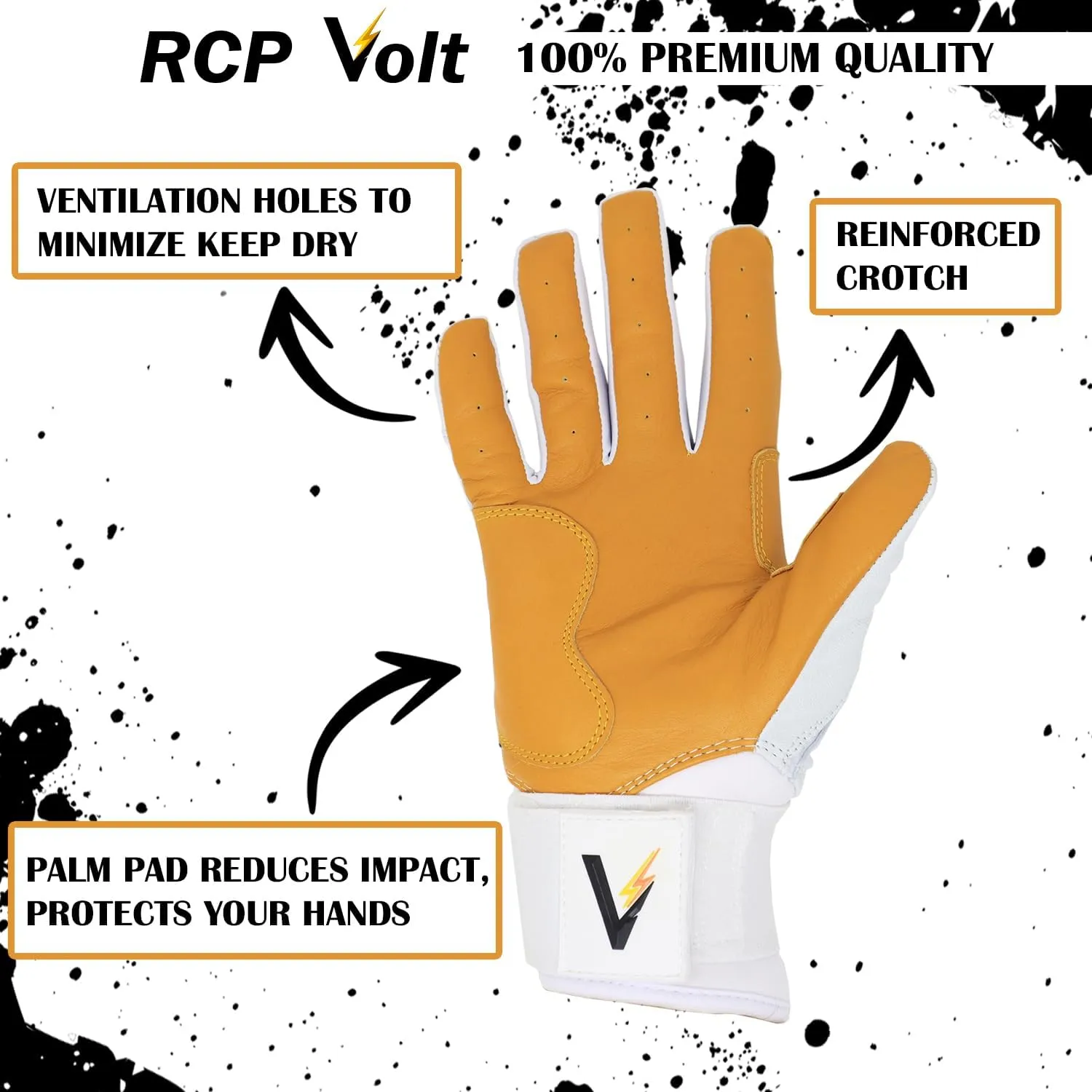 RCP Volt Baseball and Softball Batting Gloves – Rip and Tear Resistant – Reinforced Crotch, Super Grip Extended Cuff, Padded Protection, Adjustable Sizes, Guantes de bateo