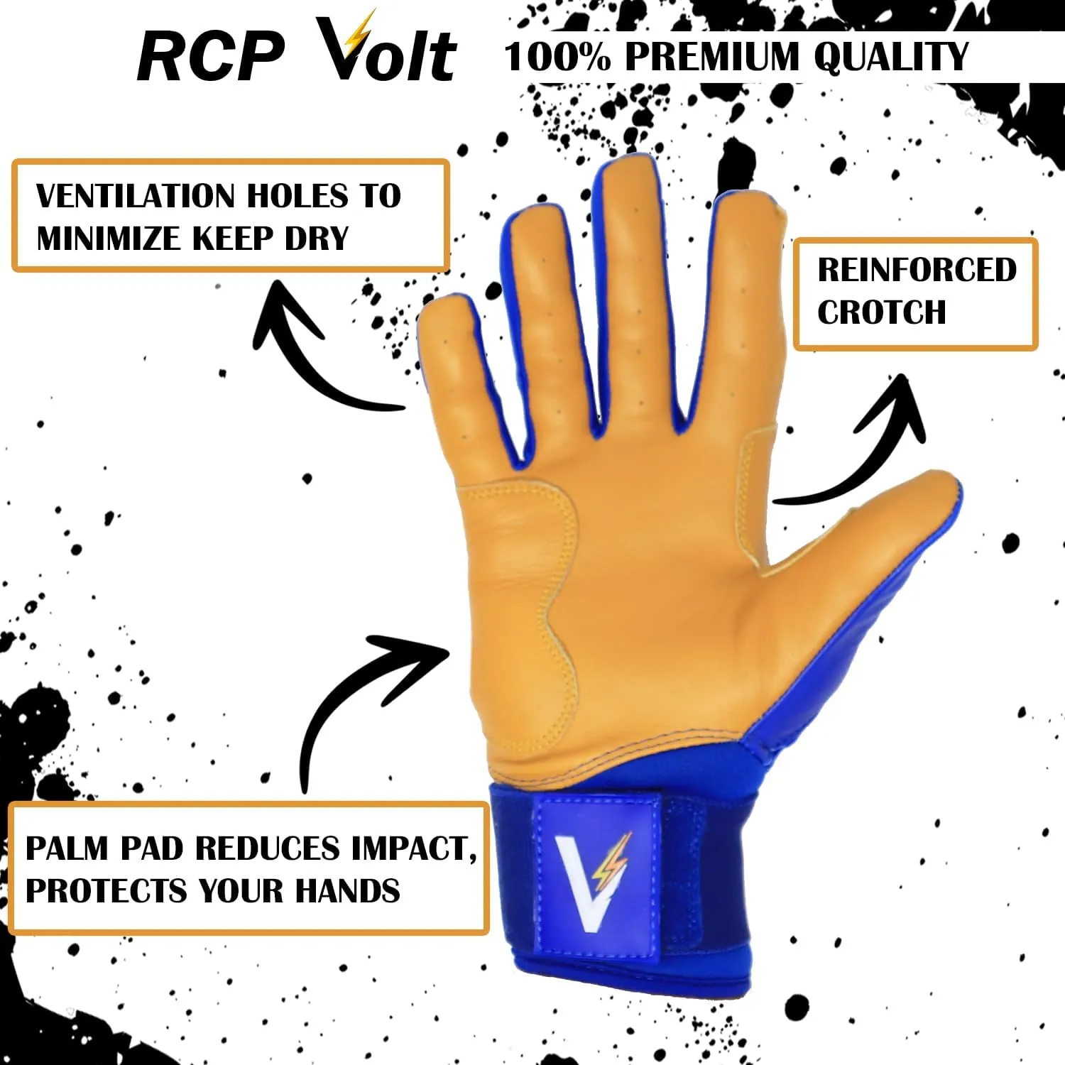RCP Volt Baseball and Softball Batting Gloves – Rip and Tear Resistant – Reinforced Crotch, Super Grip Extended Cuff, Padded Protection, Adjustable Sizes, Guantes de bateo