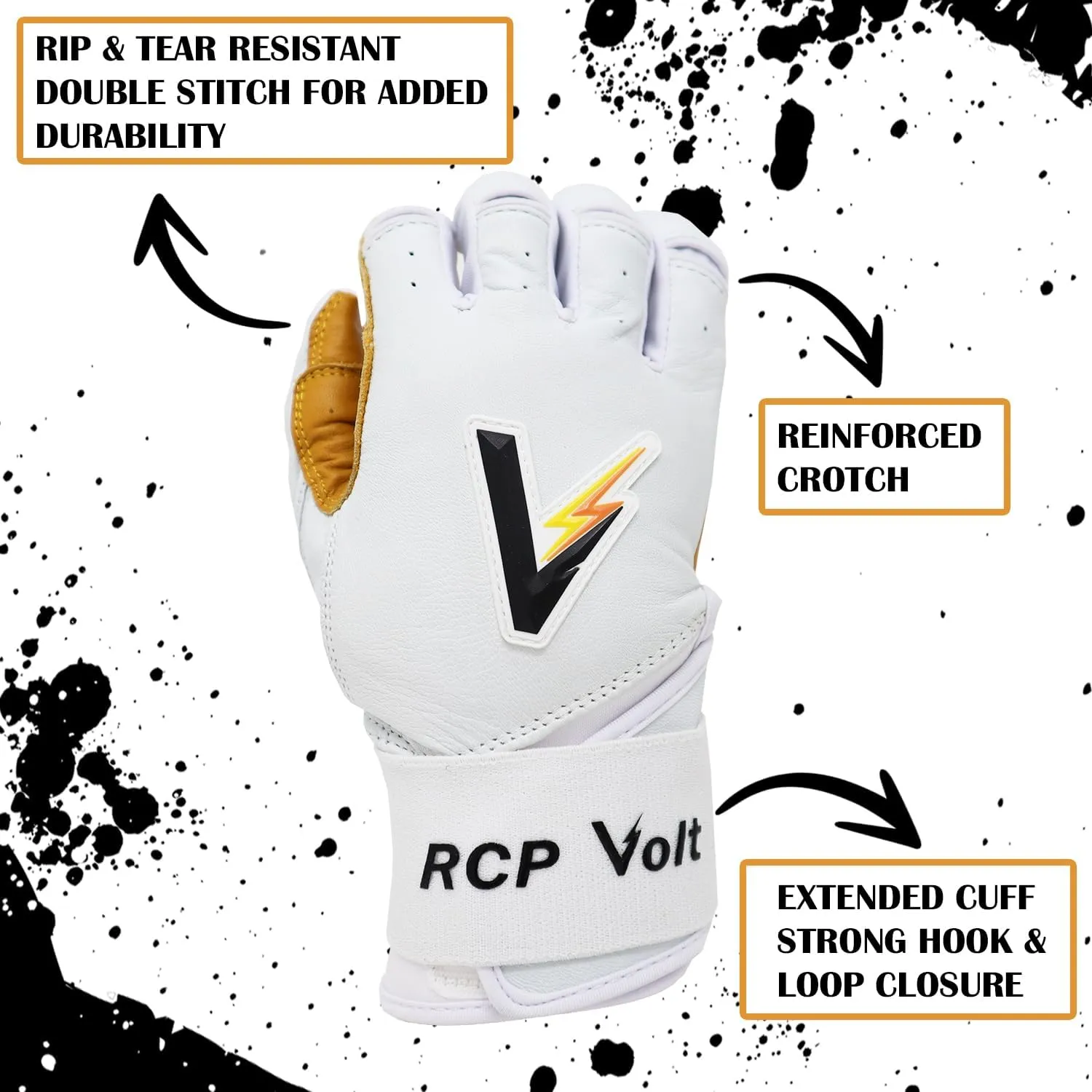RCP Volt Baseball and Softball Batting Gloves – Rip and Tear Resistant – Reinforced Crotch, Super Grip Extended Cuff, Padded Protection, Adjustable Sizes, Guantes de bateo