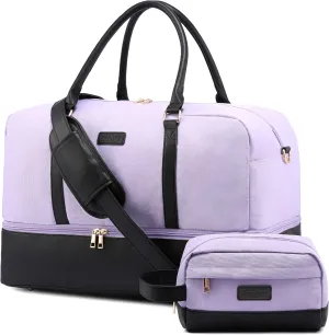Realer Weekender Bag for Women, Canvas Travel Duffle Bag with Toiletry Bag, Large Carry on Overnight Bag with Shoe Compartment,Waterproof Weekend Duffel Bag Mommy Hospital Bags for Labor and Delivery