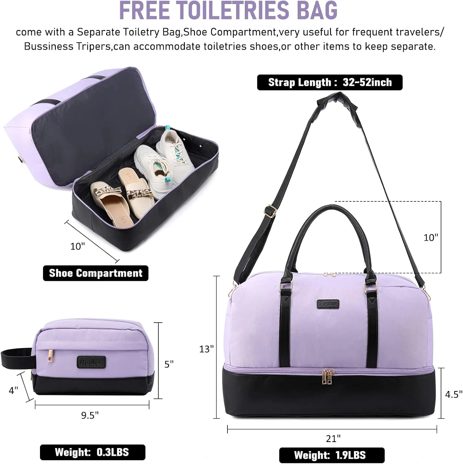 Realer Weekender Bag for Women, Canvas Travel Duffle Bag with Toiletry Bag, Large Carry on Overnight Bag with Shoe Compartment,Waterproof Weekend Duffel Bag Mommy Hospital Bags for Labor and Delivery