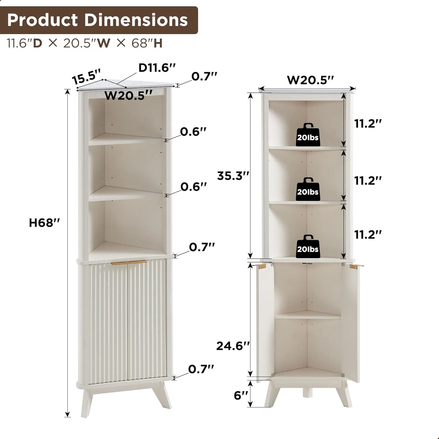RedLemon 68" Tall Corner Cabinet, Modern Fluted Storage Cabinet with Faux Marble Top & Adjustable Shelves, Curved Profile Design, Space Saver for Bathroom, Living Room, Kitchen, Off White