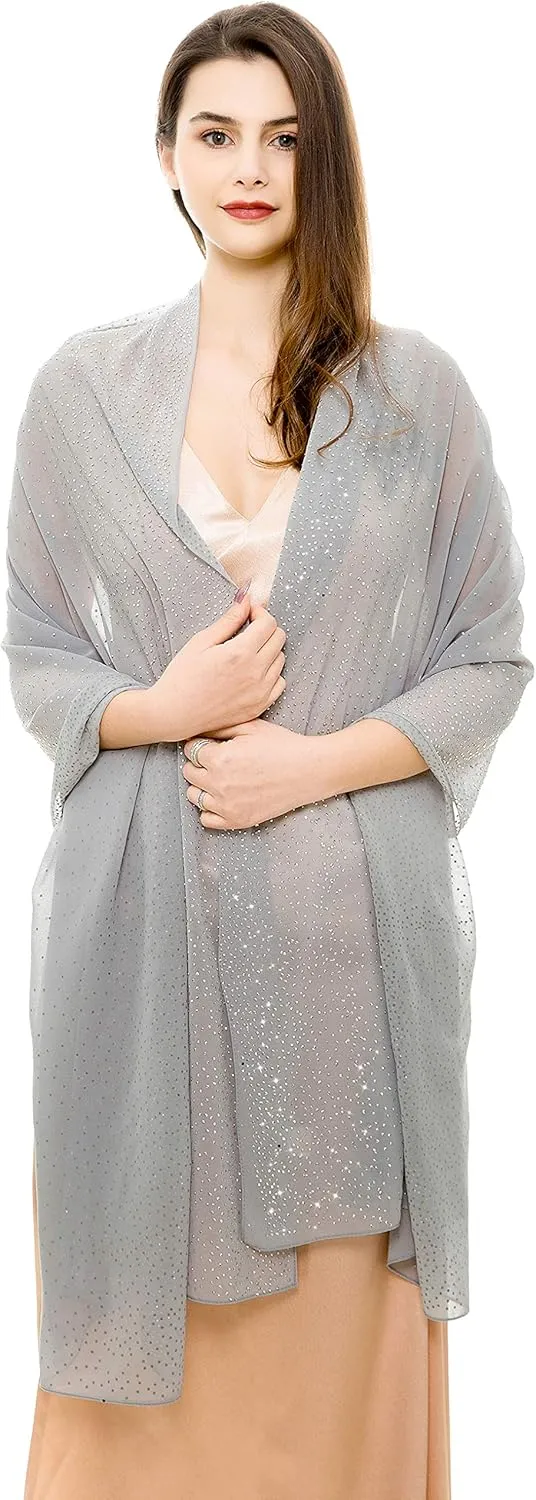 REEMONDE Womens Rhinestones Pashmina Shawls and Wraps for Evening Dresses Chiffon Shawl Sparkly Scarf