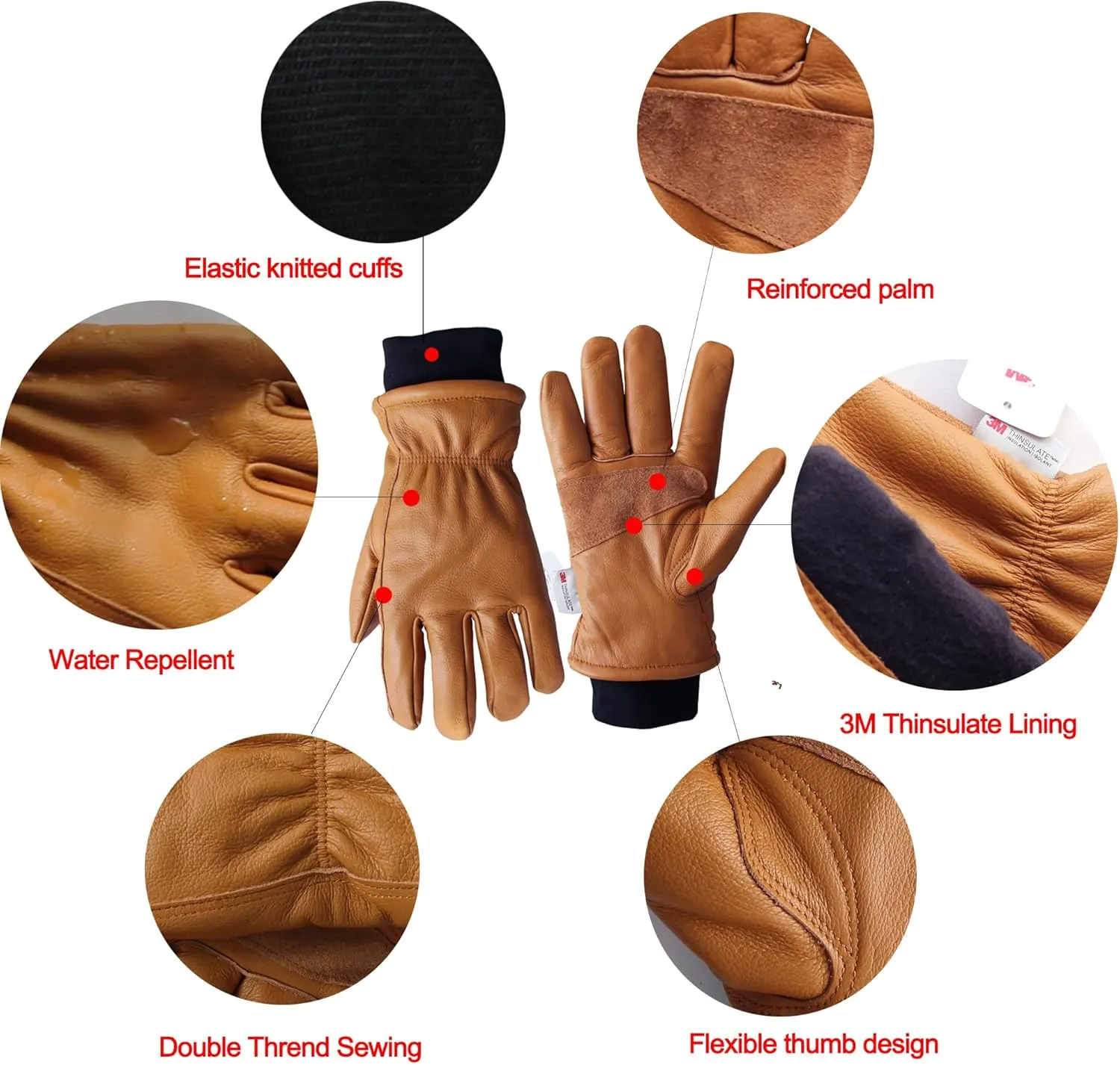 Retro Brown Cowhide Leather Work Gloves for Construction, Yardwork, Gardening with Reinforced Palm for Men & Women