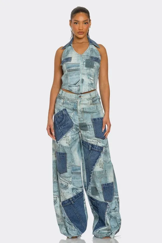 Retro Revival Patchwork Denim Two-Piece Set