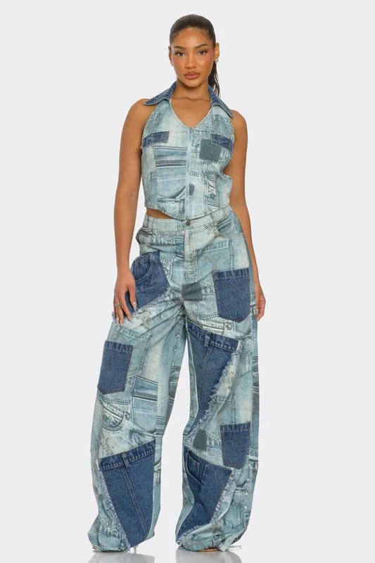 Retro Revival Patchwork Denim Two-Piece Set