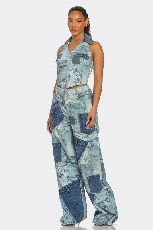 Retro Revival Patchwork Denim Two-Piece Set