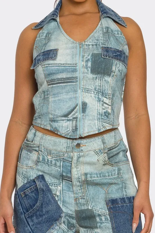 Retro Revival Patchwork Denim Two-Piece Set