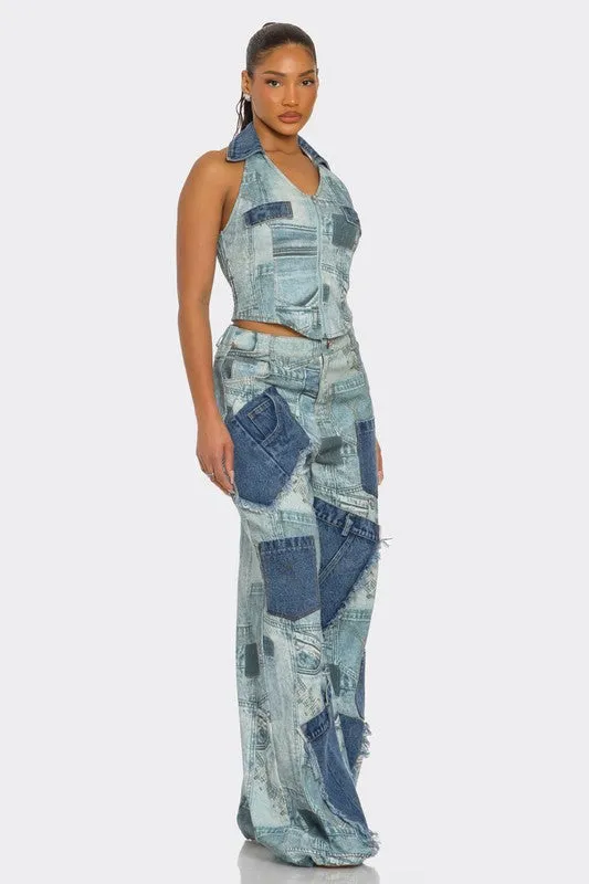 Retro Revival Patchwork Denim Two-Piece Set