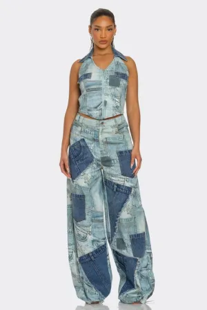 Retro Revival Patchwork Denim Two-Piece Set