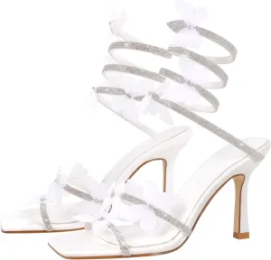richealnini Sparkle Rhinestones Spiral Up Straps Sandals with Butterfly Decor Stiletto Heels Wedding Prom Dress