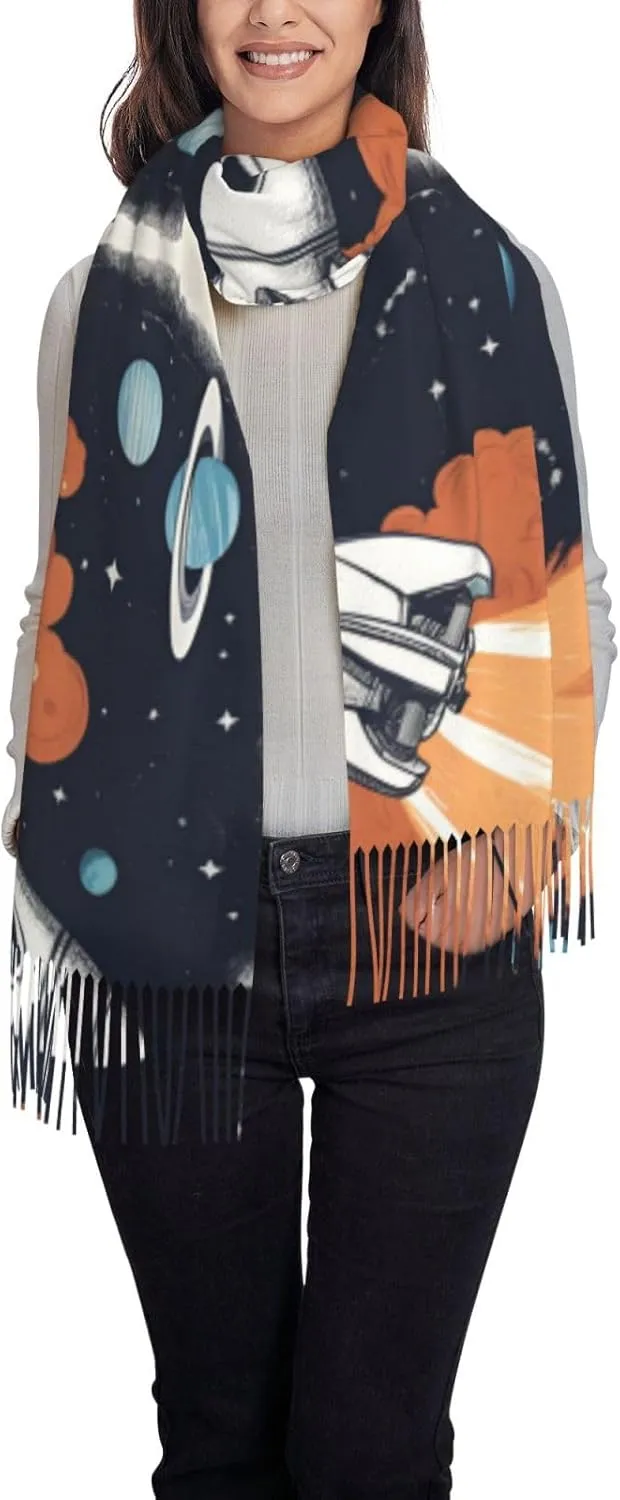 Rocket In Space Print Womens Fall Winter Scarf Tassel Soft Warm Blanket Scarves Womens Shawl Big Scarf Printed Scarf