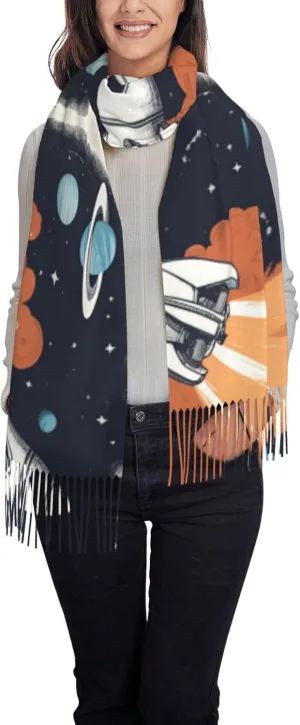 Rocket In Space Print Womens Fall Winter Scarf Tassel Soft Warm Blanket Scarves Womens Shawl Big Scarf Printed Scarf