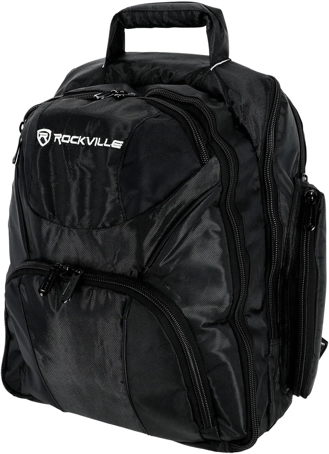 Rockville RVBACKPACK V2 Large DJ Laptop/Gear Travel Backpack, 9 Compartments, Padded Laptop & Headphone Storage, Trolley Sleeve, Lockable Zippers, Reinforced Stitching, Perfect for DJs & Musicians