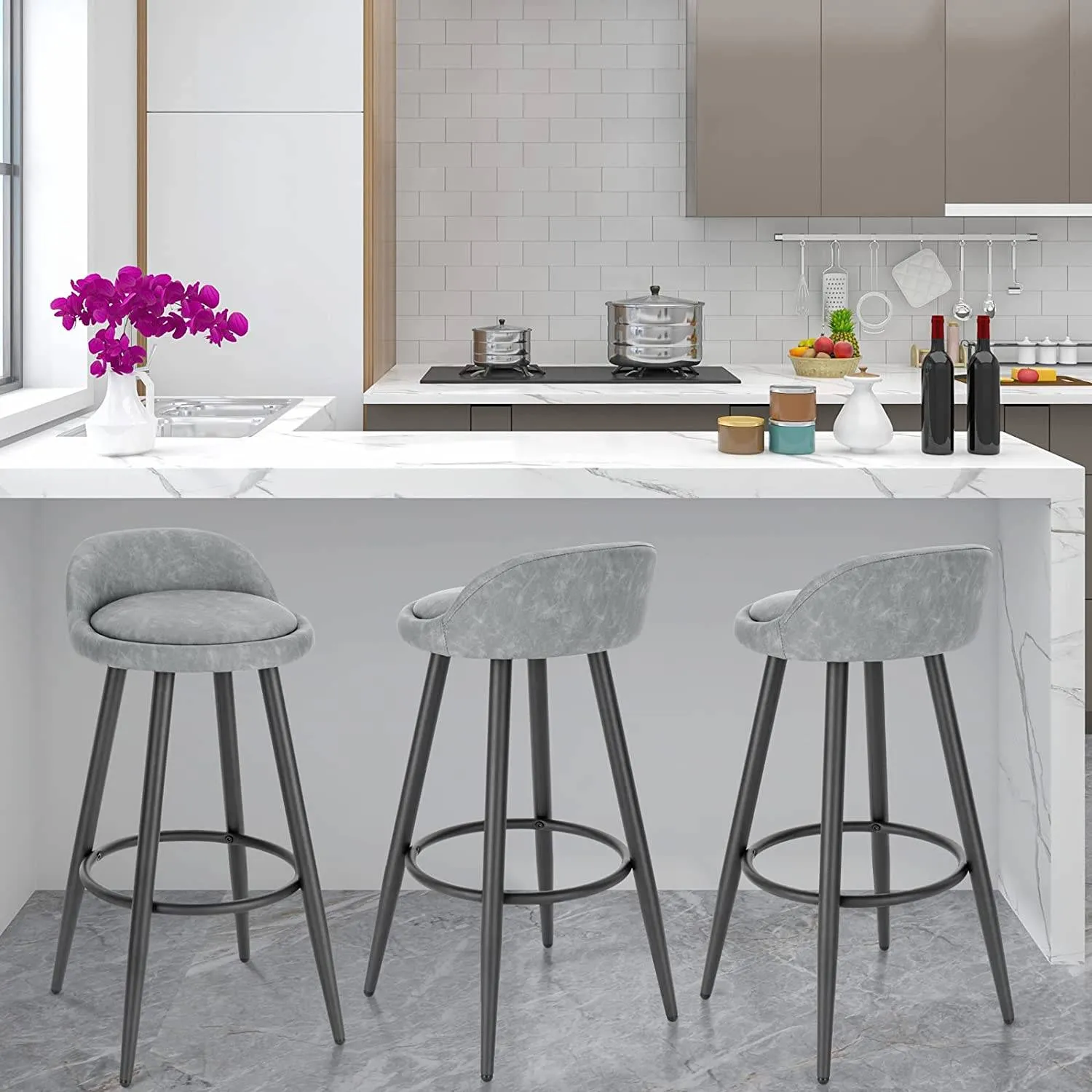 Rootz Bar Stool Gray Brown - Counter Chair - Wooden Frame - Faux Leather Seat - Adjustable Foot Pads - 78.5cm x 70cm x 37cm