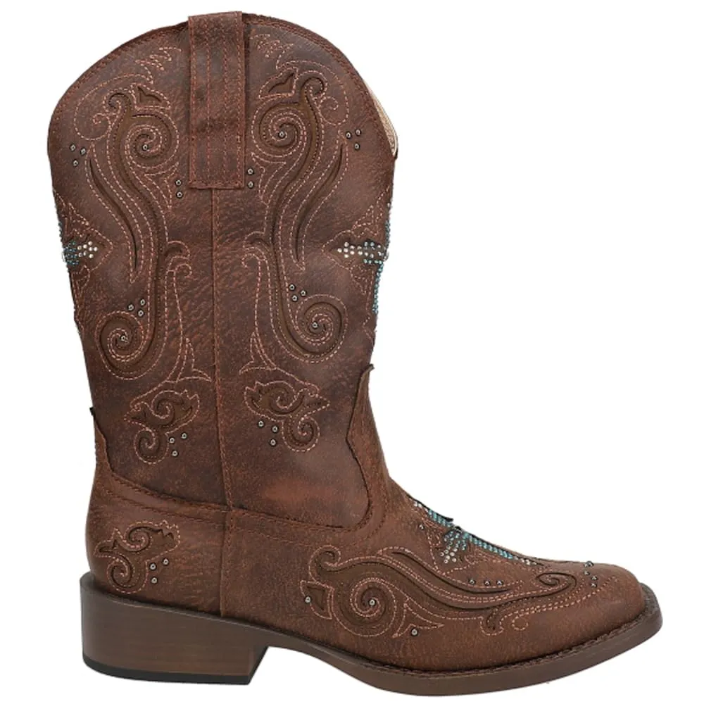 ROPER Womens Faith Rhinestone Square Toe Casual Boots Mid Calf Low Heel 1-2" - Brown - Size 10.5 B