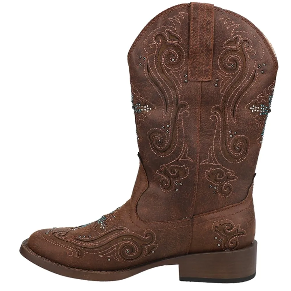 ROPER Womens Faith Rhinestone Square Toe Casual Boots Mid Calf Low Heel 1-2" - Brown - Size 10.5 B