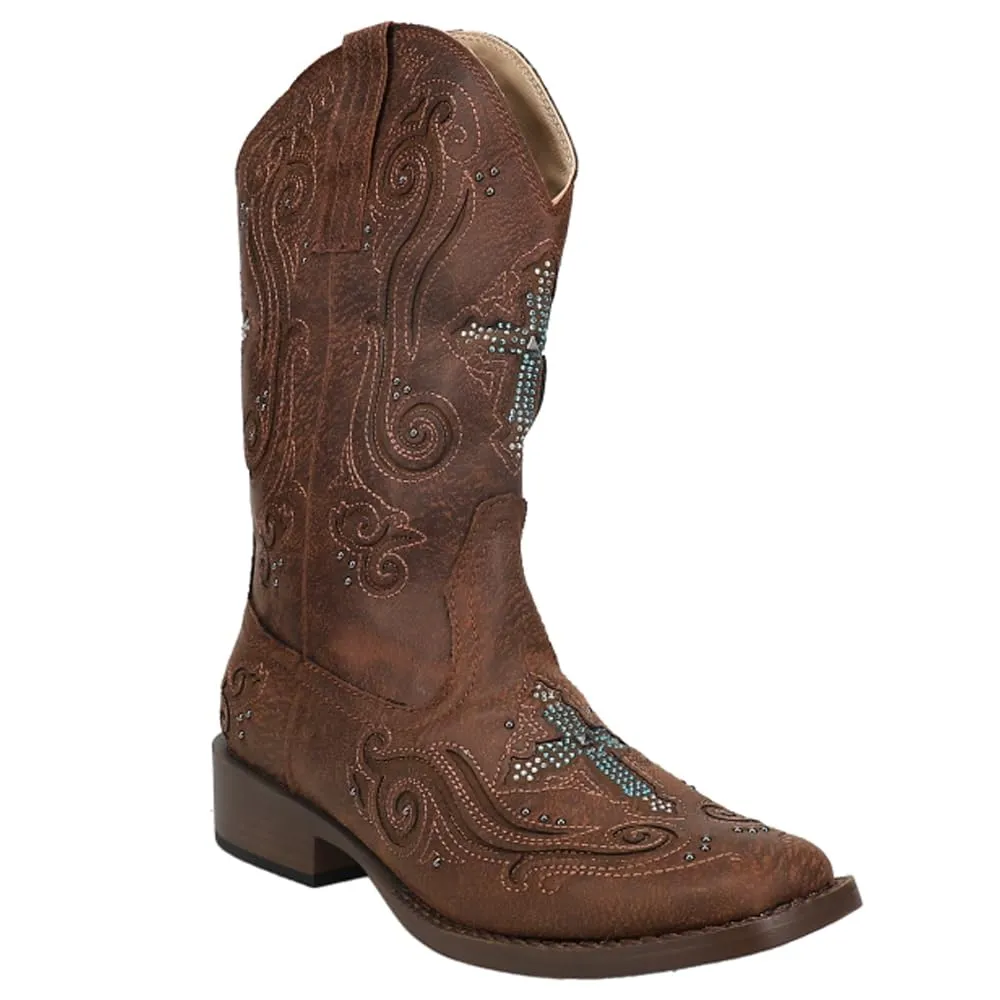 ROPER Womens Faith Rhinestone Square Toe Casual Boots Mid Calf Low Heel 1-2" - Brown - Size 10.5 B
