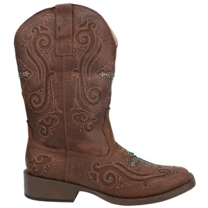 ROPER Womens Faith Rhinestone Square Toe Casual Boots Mid Calf Low Heel 1-2" - Brown - Size 10.5 B