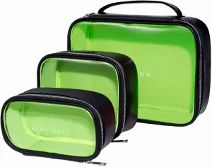 ROWNYEON Clear Makeup Bag Set of 3,Leather Waterproof Cosmetic Bag,Travel Makeup Bag for Women,Portable Toiletry Bag Train Case with Zipper Handle Black