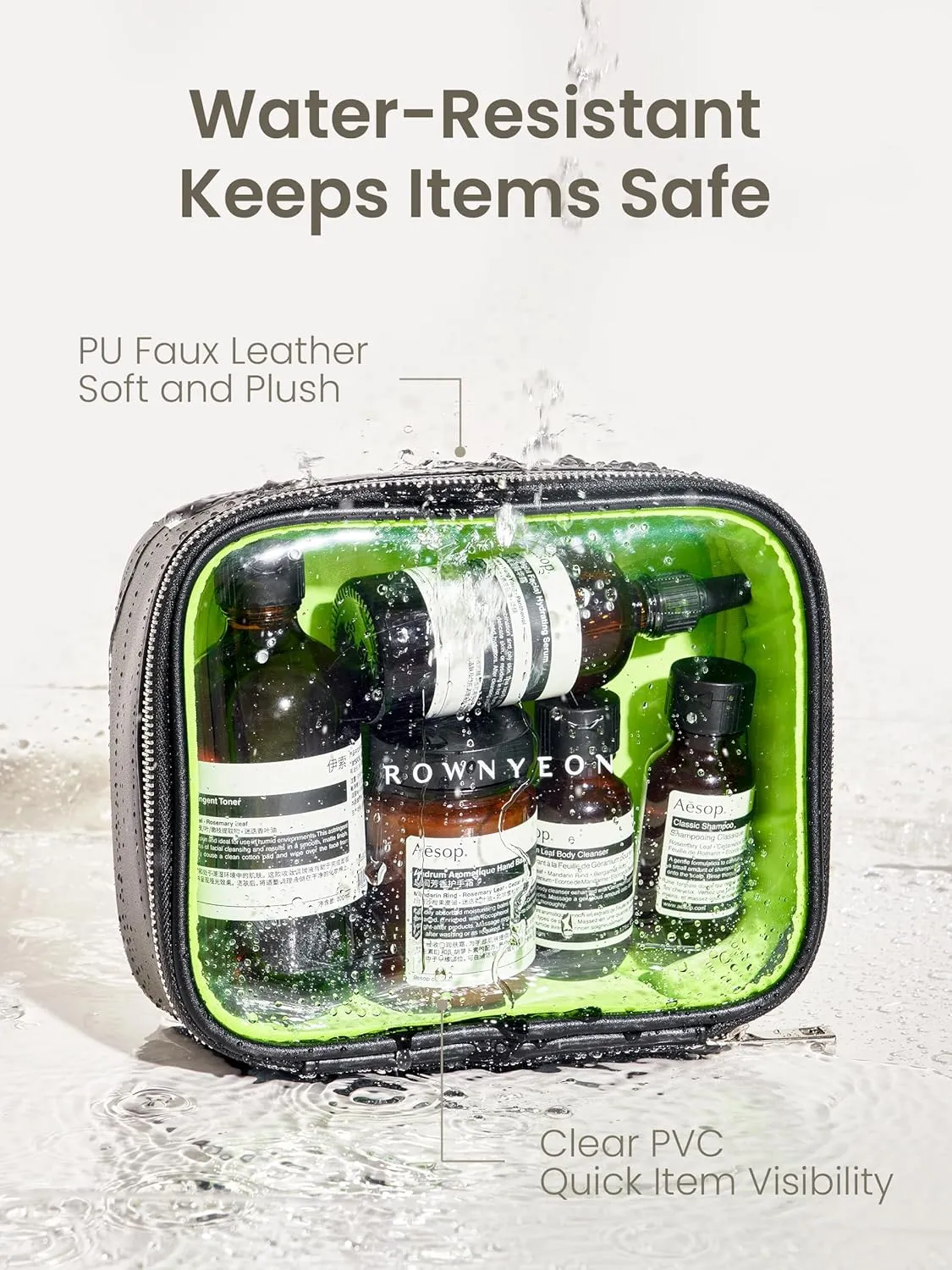 ROWNYEON Clear Makeup Bag Set of 3,Leather Waterproof Cosmetic Bag,Travel Makeup Bag for Women,Portable Toiletry Bag Train Case with Zipper Handle Black
