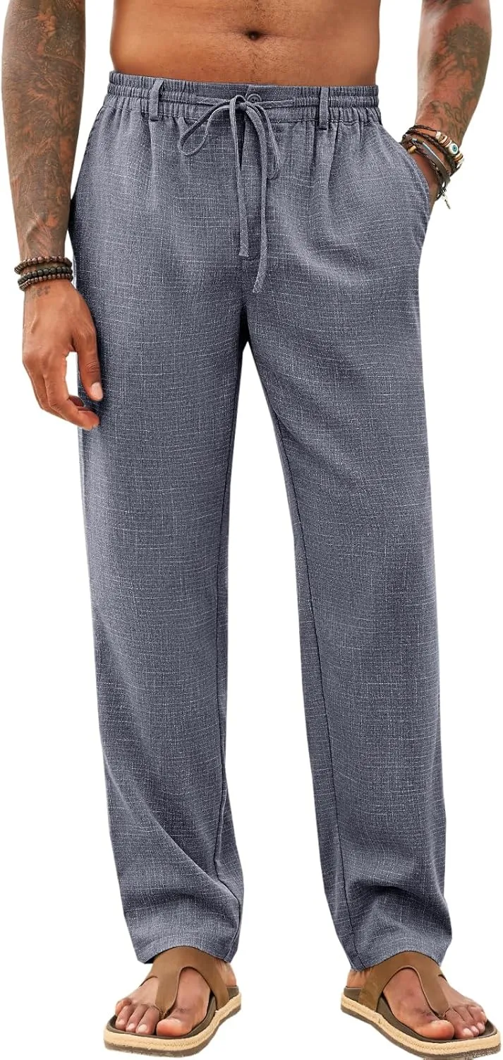 Runcati Mens Casual Pants Linen Elastic Waist Drawstring Lightweight Pants Loose Fit Summer Beach Yoga Trouser