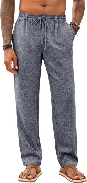 Runcati Mens Casual Pants Linen Elastic Waist Drawstring Lightweight Pants Loose Fit Summer Beach Yoga Trouser