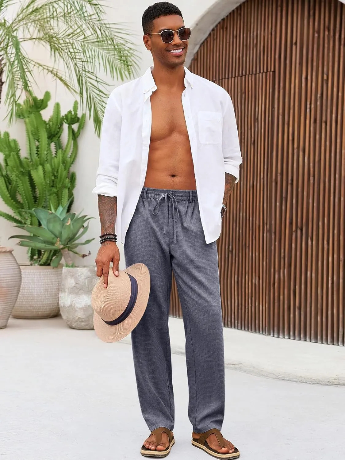 Runcati Mens Casual Pants Linen Elastic Waist Drawstring Lightweight Pants Loose Fit Summer Beach Yoga Trouser