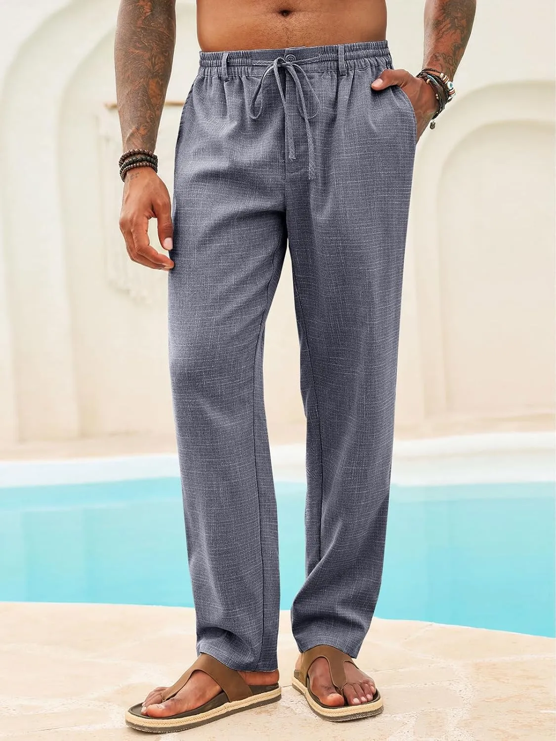 Runcati Mens Casual Pants Linen Elastic Waist Drawstring Lightweight Pants Loose Fit Summer Beach Yoga Trouser
