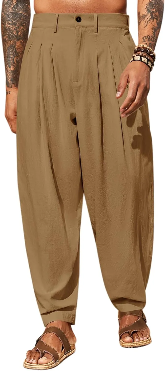 Runcati Mens Linen Baggy Pants Pleated Casual Harem Pants Beach Hippie Summer Trousers