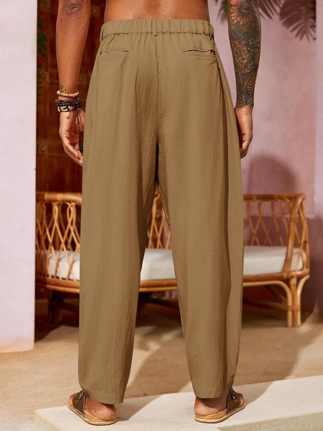 Runcati Mens Linen Baggy Pants Pleated Casual Harem Pants Beach Hippie Summer Trousers