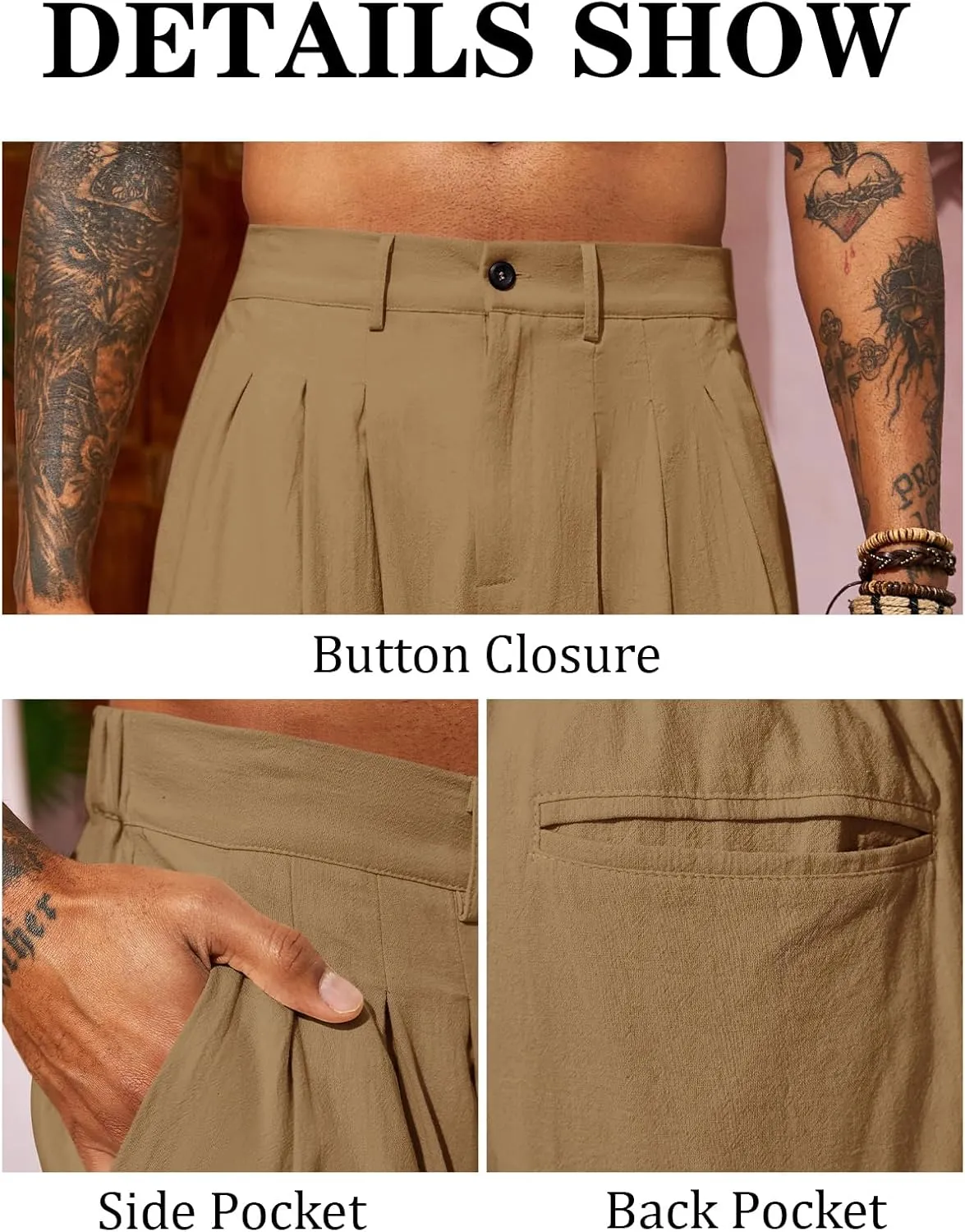 Runcati Mens Linen Baggy Pants Pleated Casual Harem Pants Beach Hippie Summer Trousers
