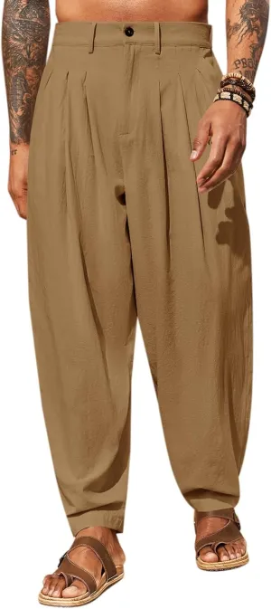 Runcati Mens Linen Baggy Pants Pleated Casual Harem Pants Beach Hippie Summer Trousers