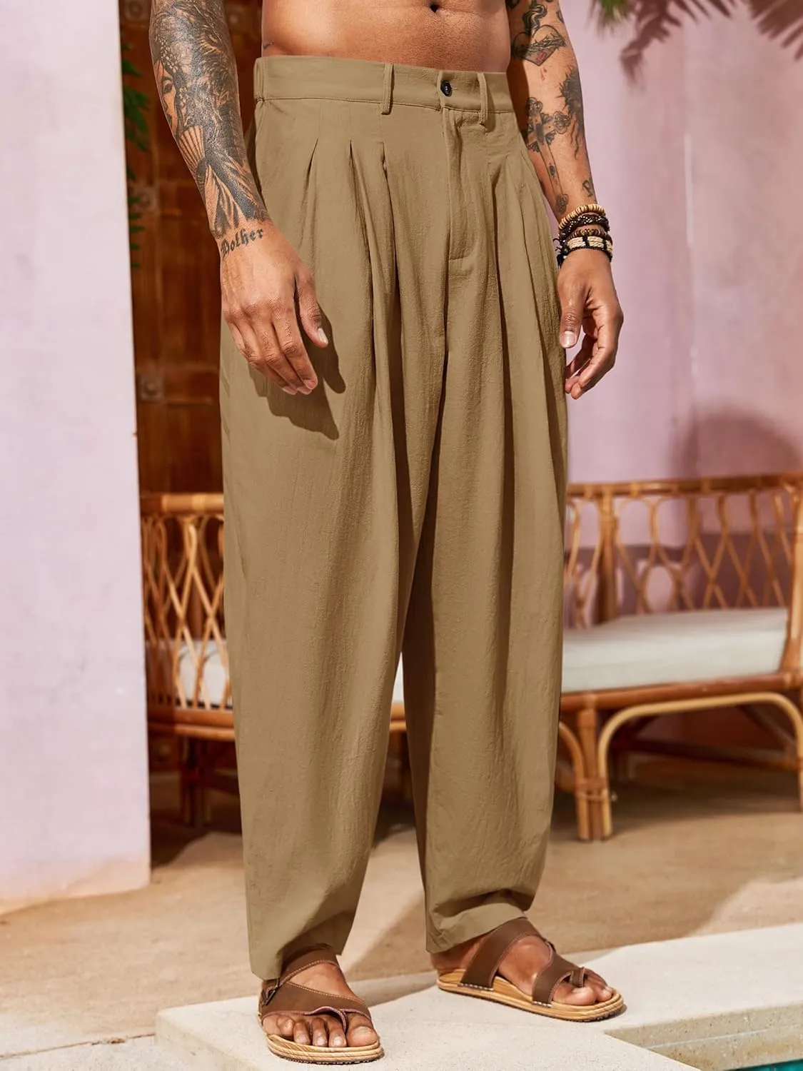 Runcati Mens Linen Baggy Pants Pleated Casual Harem Pants Beach Hippie Summer Trousers