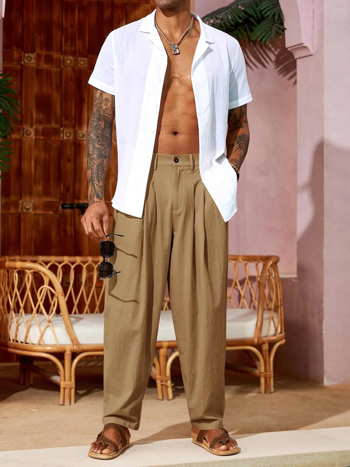 Runcati Mens Linen Baggy Pants Pleated Casual Harem Pants Beach Hippie Summer Trousers
