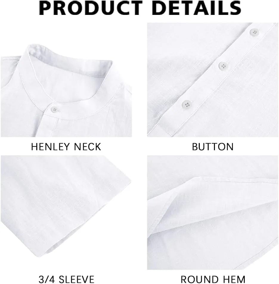 Ryannology Mens Linen Shirts Casual Cotton 3/4 Sleeve Regular-Fit Henley T-Shirt Summer Lightweight Beach Yoga Tops