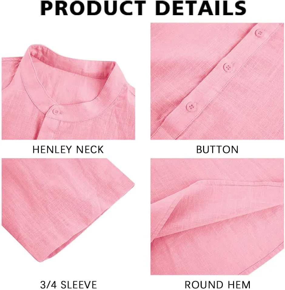 Ryannology Mens Linen Shirts Casual Cotton 3/4 Sleeve Regular-Fit Henley T-Shirt Summer Lightweight Beach Yoga Tops