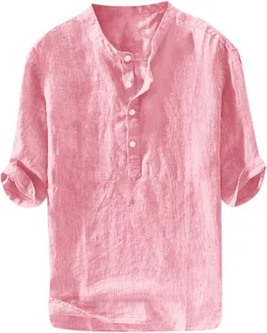 Ryannology Mens Linen Shirts Casual Cotton 3/4 Sleeve Regular-Fit Henley T-Shirt Summer Lightweight Beach Yoga Tops