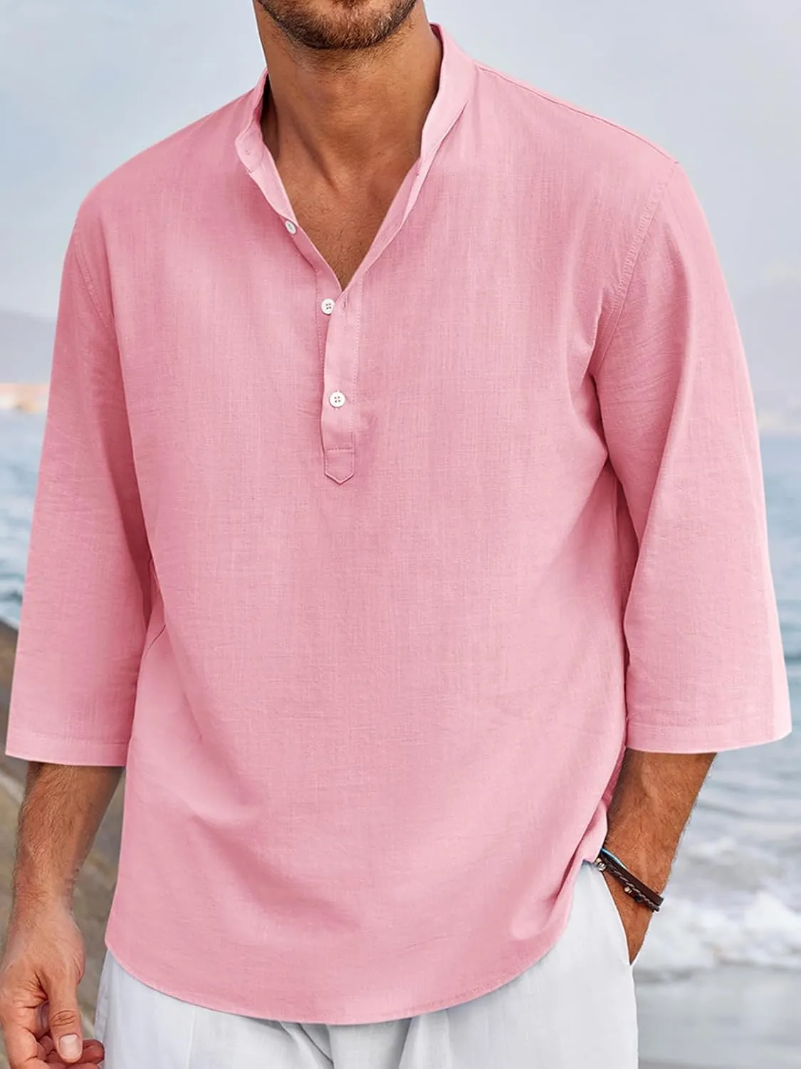 Ryannology Mens Linen Shirts Casual Cotton 3/4 Sleeve Regular-Fit Henley T-Shirt Summer Lightweight Beach Yoga Tops