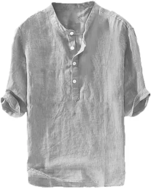 Ryannology Mens Linen Shirts Casual Cotton 3/4 Sleeve Regular-Fit Henley T-Shirt Summer Lightweight Beach Yoga Tops