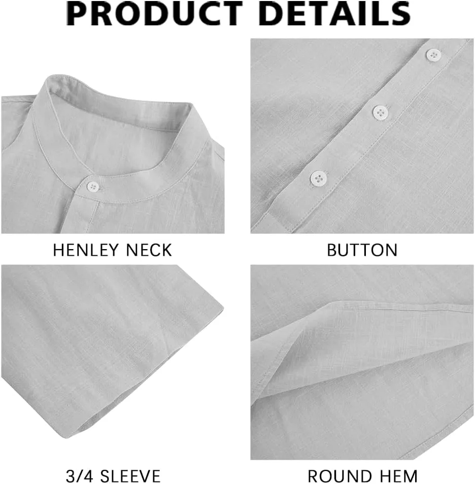 Ryannology Mens Linen Shirts Casual Cotton 3/4 Sleeve Regular-Fit Henley T-Shirt Summer Lightweight Beach Yoga Tops