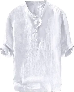 Ryannology Mens Linen Shirts Casual Cotton 3/4 Sleeve Regular-Fit Henley T-Shirt Summer Lightweight Beach Yoga Tops