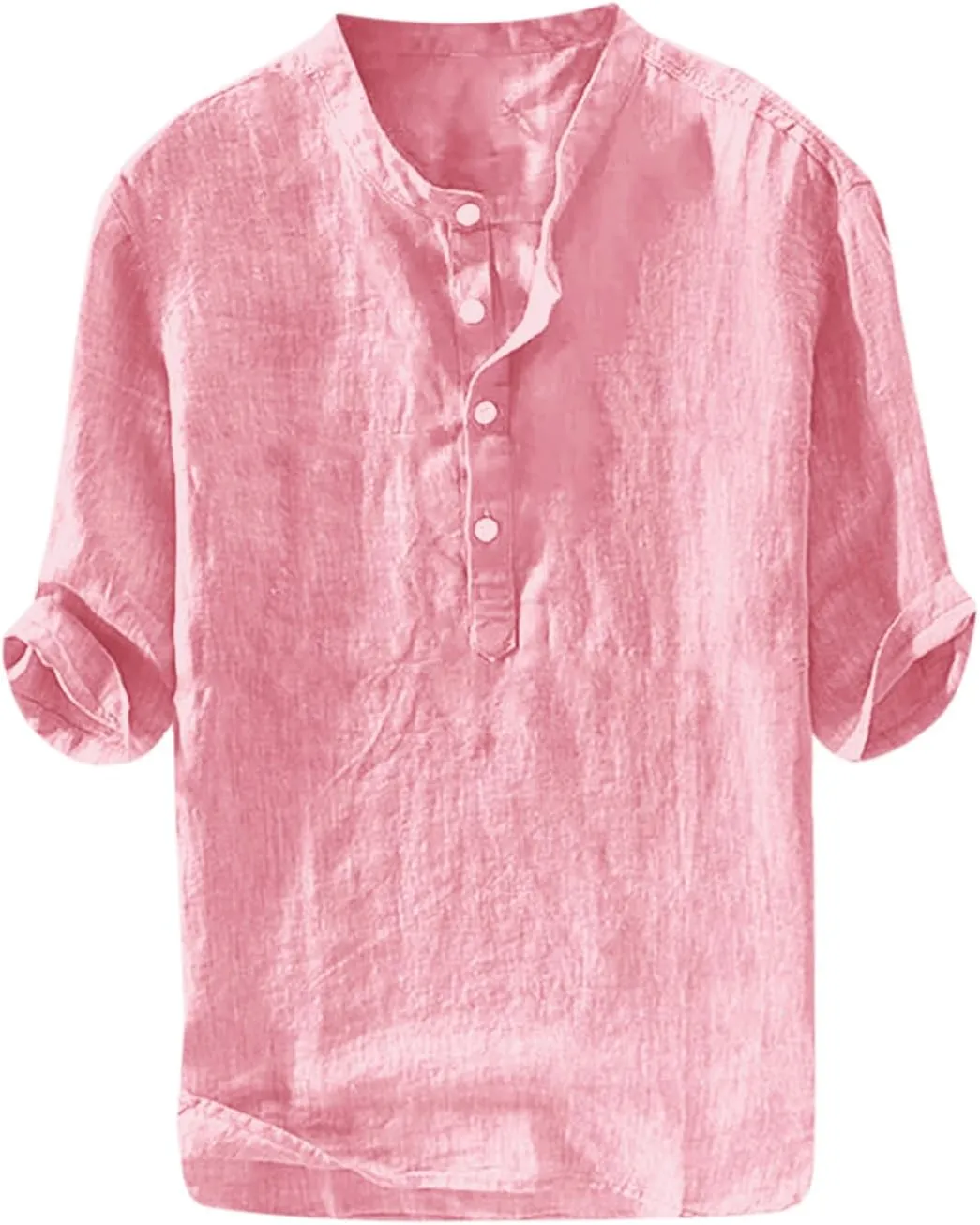 Ryannology Mens Linen Shirts Casual Cotton 3/4 Sleeve Regular-Fit Henley T-Shirt Summer Lightweight Beach Yoga Tops