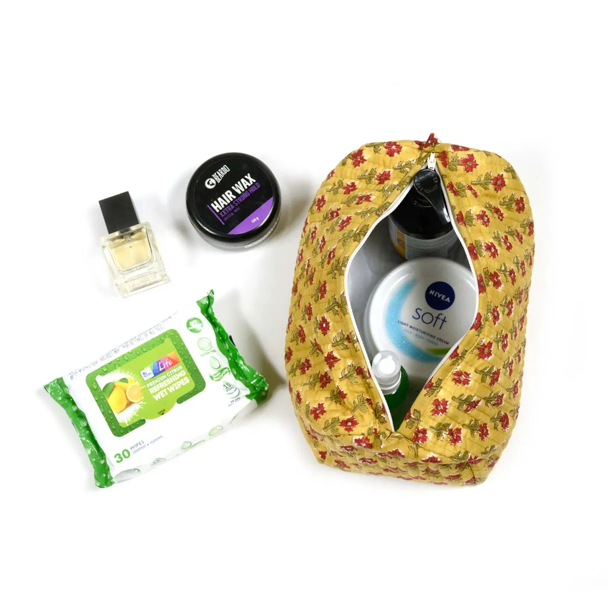 SAFFRON BUTTI QUILTED TOILETRY POUCH