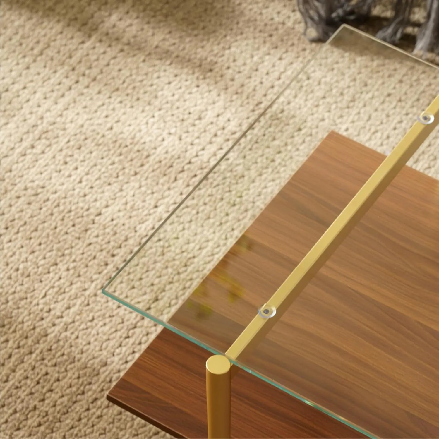 Saint Mossi Tadio Glass Coffee Table, Clear Double Layer Glass Coffee Table for Living Room, Clear Glass & Coffee Brown Bottom Shelf